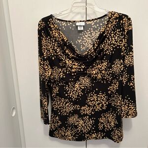 Jaclyn Smith Black & Gold Print Top with Slouchy Neckline & Pleating